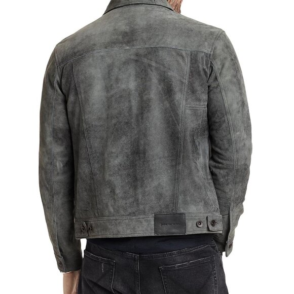 John Varvatos Men's Andrew Trucker Jacket Distressed Sheepskin Leather Seal Grey - Picture 3 of 8